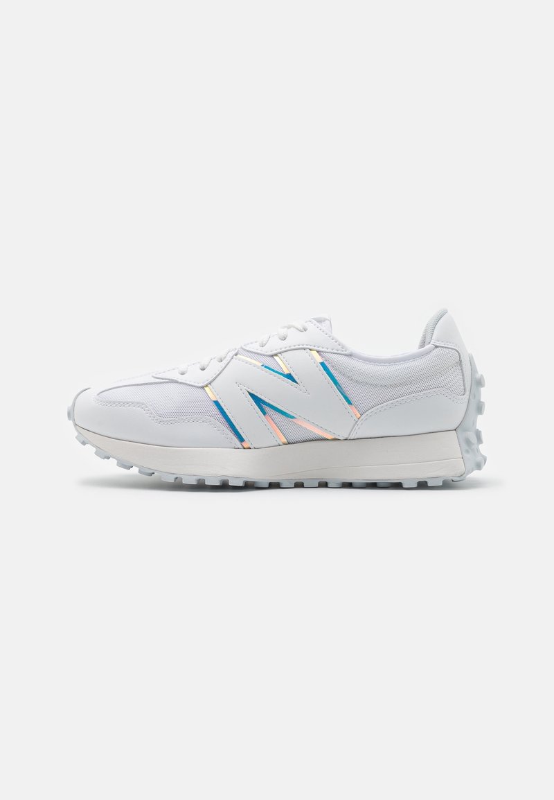 White athletic shoe with mesh and synthetic material. Features colorful accents in blue and pink, a cushioned sole, and textured outsole.