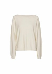 Pull à manches longues couleur crème avec des poignets, un ourlet et un col côtelés, présentant une coupe décontractée et un tissu tricoté doux.