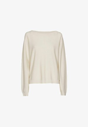 Pull à manches longues couleur crème avec des poignets, un ourlet et un col côtelés, présentant une coupe décontractée et un tissu tricoté doux.