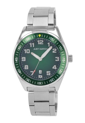 Edelstahl-Uhr mit grünem Zifferblatt, silbernen Akzenten, leuchtenden Zeigern und einem Datumsanzeiger auf 6 Uhr. Lünette mit Markierungen für Intervalle.