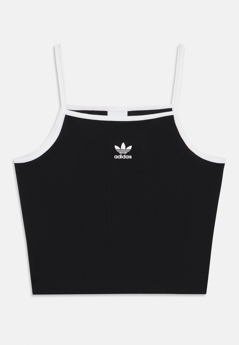 Μαύρο ριμπ τοπ με κοντό μήκος, λεπτές λευκές τιράντες και περίγραμμα, με μικρό λευκό λογότυπο Adidas trefoil στο κέντρο του στήθους.