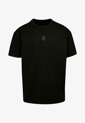 Čierne bavlnené tričko s okrúhlym výstrihom, krátkymi rukávmi a žltým stylizovaným logom potlačeným na hrudi.