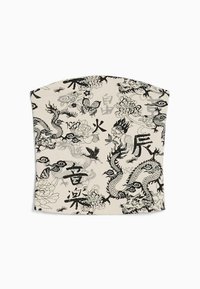 Tela impresa en blanco y negro con dragones, flores y texto sobre un fondo crema; textura suave con un diseño estructurado y recortado.