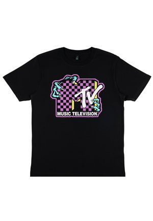 Czarny bawełniany T-shirt z tęczowym logo MTV na tle w szachownicę oraz akcentami w kolorze niebieskim, różowym i białym.
