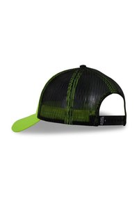 Casquette de baseball en mesh noire avec une visière verte éclatante, conception structurée, fermeture snapback réglable et deux rayures d'accents vertes.