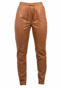 Bruine leren joggers met een elastische tailleband, verstelbaar trekkoord, zijzakken en een slim fit ontwerp. Zachte textuur en een luxe afwerking.