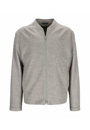 Graue Jacke mit Reißverschluss, langen Ärmeln und kleinem, rundem Kragen aus strukturiertem Stoff.