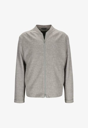 Graue Jacke mit Reißverschluss, langen Ärmeln und kleinem, rundem Kragen aus strukturiertem Stoff.