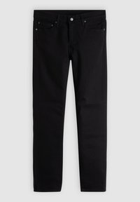 Zwart slim-fit spijkerbroek met vijf zakken, knoopsluiting en lussen voor een riem, plat neergelegd op een grijze achtergrond.