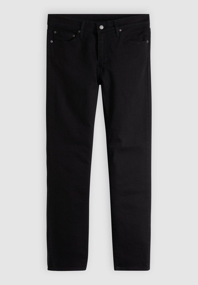 Schwarze Slim-Fit-Jeans mit fünf Taschen, Knopfverschluss und Gürtelschlaufen, flach auf einem grauen Hintergrund ausgelegt.