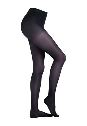 Collant neri opachi con una texture liscia, design a vita alta e finitura semi-trasparente dalla ginocchia in giù, che offre una copertura uniforme.