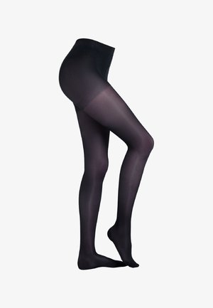 Black opaque tights with a smooth texture, high waist design, and a semi-sheer finish from the knees down, providing uniform coverage.