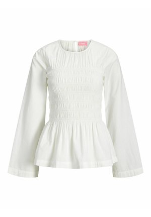 Bela bluza z dolgimi rokavi, okrolim izrezom, nabranim zgornjim delom, peplum sprednjim robom in nežno teksturiranim materialom.