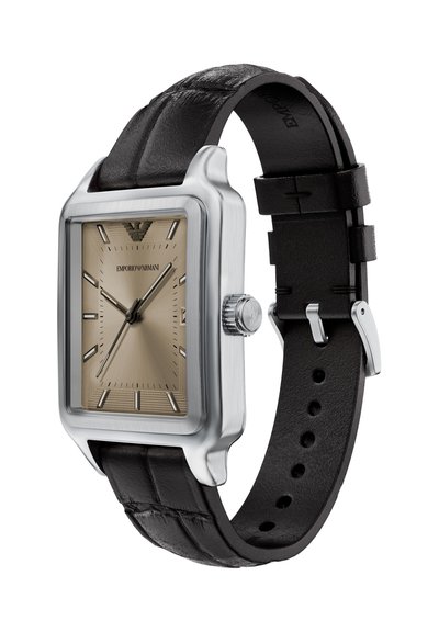 Quadratische silberne Uhr aus Edelstahl mit taupefarbenem Zifferblatt, schwarzem Lederarmband und silbernen Akzenten, ausgestattet mit horizontalen Linien und Strichstundenmarkierungen.