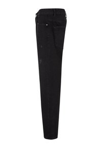 Črne kavbojke iz denima s slim fit krojem, z raztrganimi zakrpami, petimi žepi in srebrnimi kovinskimi elementi na pasu.