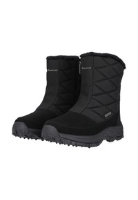 Schwarze Winterstiefel mit gesteppter Oberseite, Futter aus Fell, Reißverschluss und profilierten Gummisohlen für Traktion und Haltbarkeit.