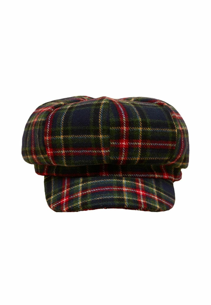 Wełniana czapka w kolorze ciemnoniebieskim, zielonym i czerwonym w kratkę. Posiada usztywnioną koronę i szerokie, płaskie rondo. Materiał jest miękki i ciepły.