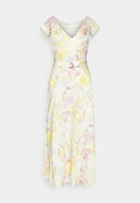 Wit jurk met bloemenpatroon, voorzien van korte mouwen, een V-hals en een bijpassende riem met een ronde gesp, gemaakt van lichtgewicht stof.