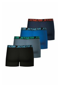 Quatre paires de boxers en noir, bleu foncé, bleu clair et gris. Chacune a une ceinture élastique de marque contraste.