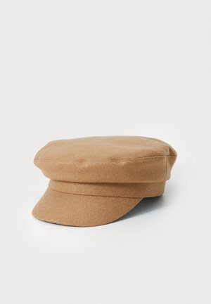 Chapeau en laine brun avec un dessus large et plat et un petit bord courbé. Dispose d'un tissu texturé et d'un design structuré.