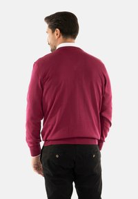Maglione pullover bordeaux con una texture liscia e polsini a costine. Abbinato a pantaloni neri, visto da dietro, che mostra dettagli di design minimi.