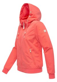 Koronkowa kurtka zapinana na zamek z kapturem, z elastycznymi mankietami i dołem, dwoma bocznymi kieszeniami oraz sznureczkami na kapturze. Gładka tekstura materiału.