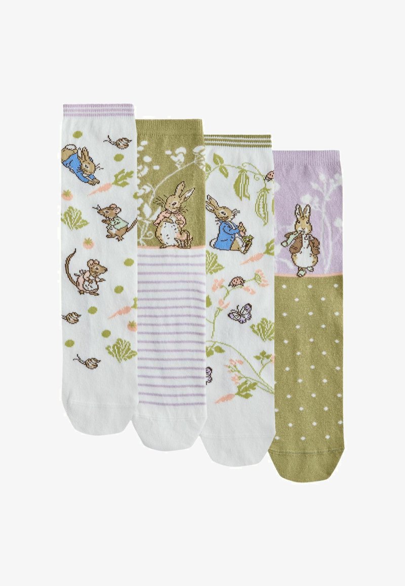 Patru perechi de șosete de bumbac cu modele de animale, culori pastelate, dungi și design floral în alb, verde, mov și bej.