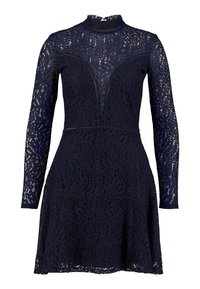 Marineblaue Spitzenkleid mit langen Ärmeln, hohem Kragen, Blumenmustern, tailliertem Oberteil und weit ausladendem Rocksaum. Strukturiertes Spitzenmuster im gesamten Kleid.