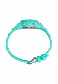 Bracelet de montre en silicone turquoise avec un design texturé, deux boutons en argent et une boucle en métal pour un maintien sécurisé.