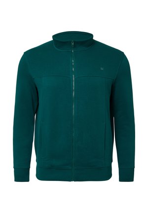 Tealgrüne Full-Zip-Jacke mit Stehkragen, langen Ärmeln und Fronttaschen, auf einem schlichten weißen Hintergrund präsentiert.