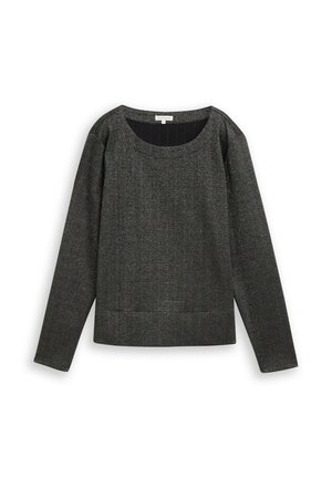 Haut gris à manches longues texturé avec un col rond et des épaules légèrement bouffantes. Coupe ajustée et couleur unie, sans motifs ni accessoires.