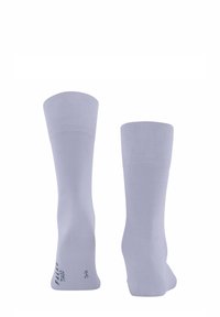 Calze grigio chiaro fino al ginocchio realizzate in un materiale liscio e elastico. Presentano un bordo a coste e il nome del marchio stampato vicino alla caviglia.