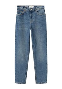 Jean bleu taille haute, jambe droite, avec poches avant et arrière, fermeture à boutons et passants pour ceinture, présenté sur un fond blanc.