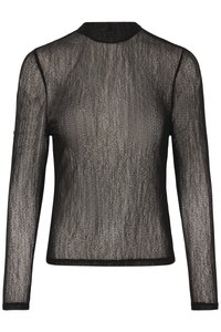 Permatomas juodas ilgomis rankovėmis viršus su tekstūruota audinio medžiaga, aukštu kaklu ir juodais apvadais rankogaliuose bei apačioje.