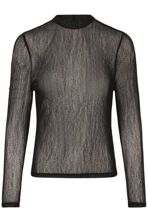 Top trasparente nero a maniche lunghe con tessuto strutturato, caratterizzato da una scollatura alta e bordi neri sui polsini e sull'orlo.