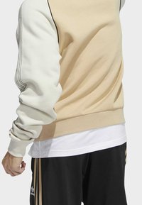 Ljusbeige sweatshirt med krämfärgade ärmar och svarta detaljer. Har en mjuk textur, ribbade ärmar och en lagerdesign över en vit skjorta.