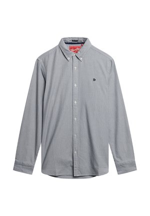 Camisa de manga larga a rayas en mezcla de algodón azul y blanco, con cuello abotonado, bolsillo frontal y pequeño logo bordado en el pecho.