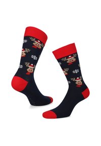Granatowe skarpetki z czerwonymi akcentami, z motywem twarzy reniferów i wzorami płatków śniegu. Dzianinowa tekstura oraz kontrastujące pięta i palce.
