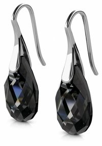 Orecchini a goccia in cristallo nero con design sfaccettato. Ganci in metallo argentato che completano la forma slanciata e lucida.