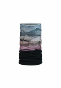 Gaiter de cuello multifuncional en colores combinados: gris, beige, rosa y negro. Tejido texturizado y elástico con un patrón de paisaje montañoso y logo.