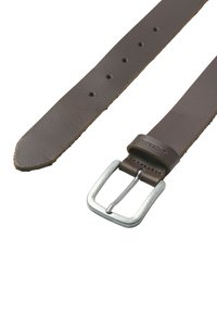 Brown leather belt with a silver metal buckle. Features a smooth texture, multiple adjustment holes, and a tapered end.