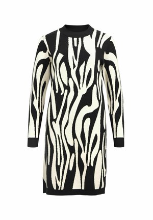 Črna in bela dolga pletena obleka z abstraktnim valovnim vzorcem, okrogel ovratnik ter rebrasti manšeti in rob.