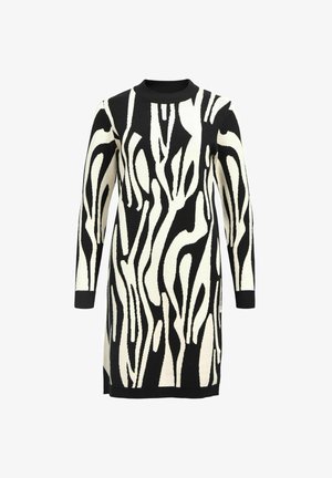 Juoda ir balta ilgomis rankovėmis megzta suknelė su abstrakčiu, banginiu raštu, apvaliu kaklu ir raštuotomis rankogaliais bei apatine dalimi.