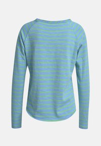Langärmliges Oberteil aus grün-blau gestreifter Baumwolle, mit einem runden Ausschnitt und Raglanärmeln, und einem leicht abgerundeten Saum hinten.