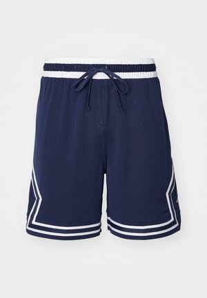 Navy blue athletic shorts, made of mesh fabric, feature white trim and a drawstring waistband. Designed with a sporty, breathable style.
