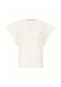 Blusa bianca di cotone con maniche corte, scollatura a V e dettagli ricamati sul petto. Presenta cuciture decorative lungo le cuciture.