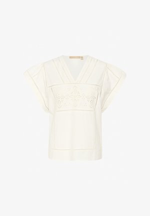 Hvid bomuldsbluse med korte ærmer, V-udskæring og broderede detaljer over brystet. Har dekorativ syning langs sømmene.