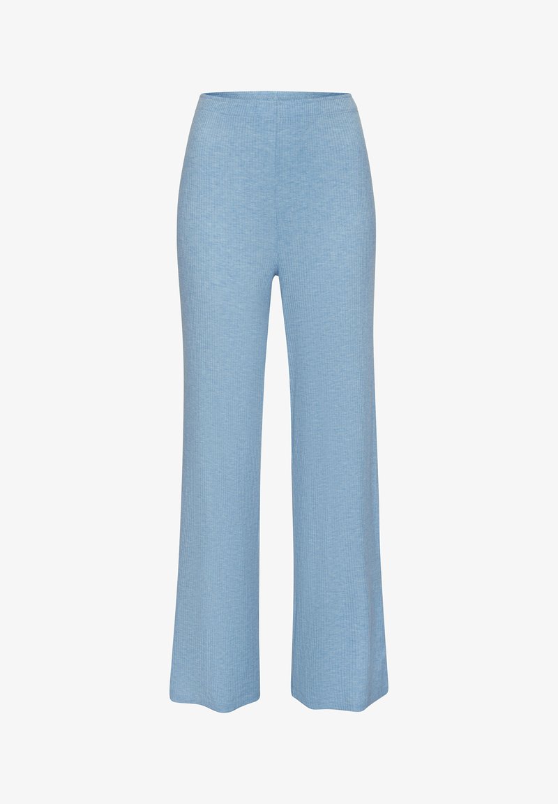 Lichtblauwe wijde broek gemaakt van gestructureerde ribstof. Heeft een hoge tailleband en een losse, vloeiende silhoutte.