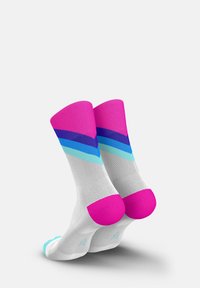 Colorful socks featuring a white base with gradient stripes in pink, purple, and blue, and solid pink accents on the cuffs and toes.