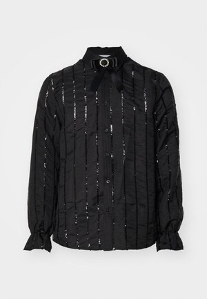 Schwarze Bluse aus glänzendem Stoff, mit vertikalen Paillettenstripes, einem Kragen mit Schleife und Juwelenakzent sowie Knopfverschlüssen.